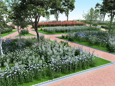 Scenic Park Landscape Featuring Tall Trees Colorful Flower Beds Brick Paths And Green Lawns 3d model