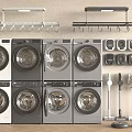 Multiple Washing Machines In Laundry Room With Hanging Racks And Cleaning Tools 3d model