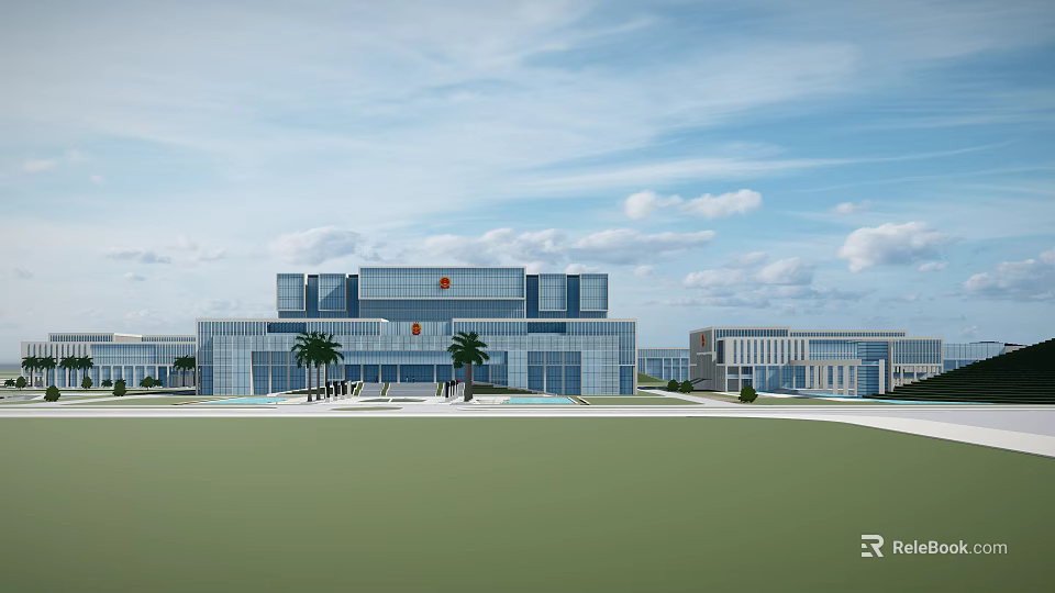 Modern Office Building Exterior With Glass Facade Green Lawn And Palm Trees 3d model 