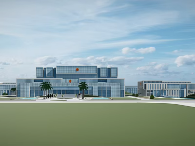 Modern Office Building Exterior With Glass Facade Green Lawn And Palm Trees 3d model