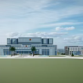 Modern Office Building Exterior With Glass Facade Green Lawn And Palm Trees