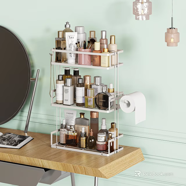 Perfume and Cosmetics on Three Tier White Metal Shelf With Vanity Mirror and Wooden Countertop 3d model 