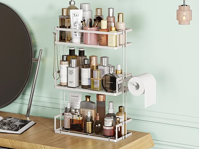 Perfume and Cosmetics on Three Tier White Metal Shelf With Vanity Mirror and Wooden Countertop 3d model