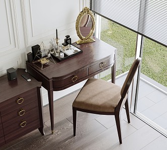 European Style Desk Chair Dressing Table Solid Wood Single Chair Cosmetic Dressing Mirror 3d model