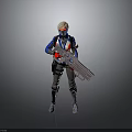 Futuristic Sci Fi Warrior In Blue White Red Outfit With Helmet And Large Tactical Rifle