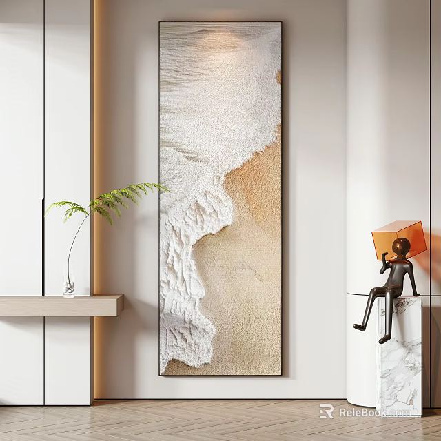 Abstract Painting On White Wall With Wooden Trim Green Plant And Small Figurine 3d model 