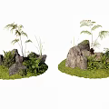 Natural Decorative Stone and Wood Setting With Green Plants Ferns Grass and Small Figure