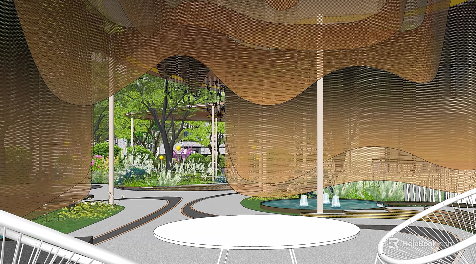 Modern Curved Pergola Design In Garden With Greenery Pathway And Circular Floor 3d model 