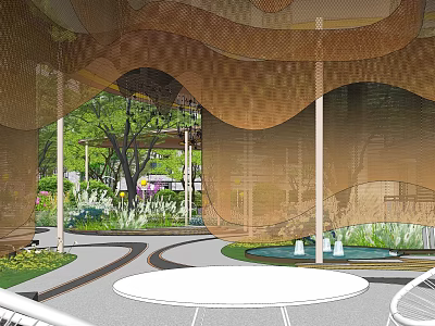 Modern Curved Pergola Design In Garden With Greenery Pathway And Circular Floor 3d model