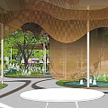 Modern Curved Pergola Design In Garden With Greenery Pathway And Circular Floor