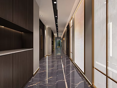 Modern Hotel Corridor Interior With Marble Floor Recessed Lighting And Glass Partitions Design 3d model