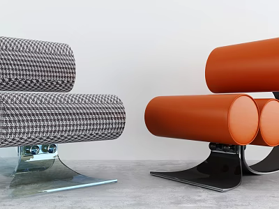 Modern Leisure Chair in Grey Houndstooth and Orange Leather with Unique Cylindrical Metal Base 3d model