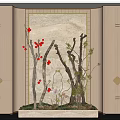 Chinese Style Indoor Landscape Featuring Dried Branches Red Berries Green Leaves And Light Container