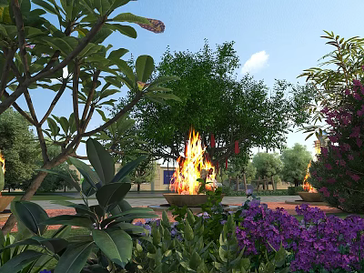 Lush Garden Landscape With Green Trees Purple Flowers Fire Pit Flames And Blue Sky 3d model