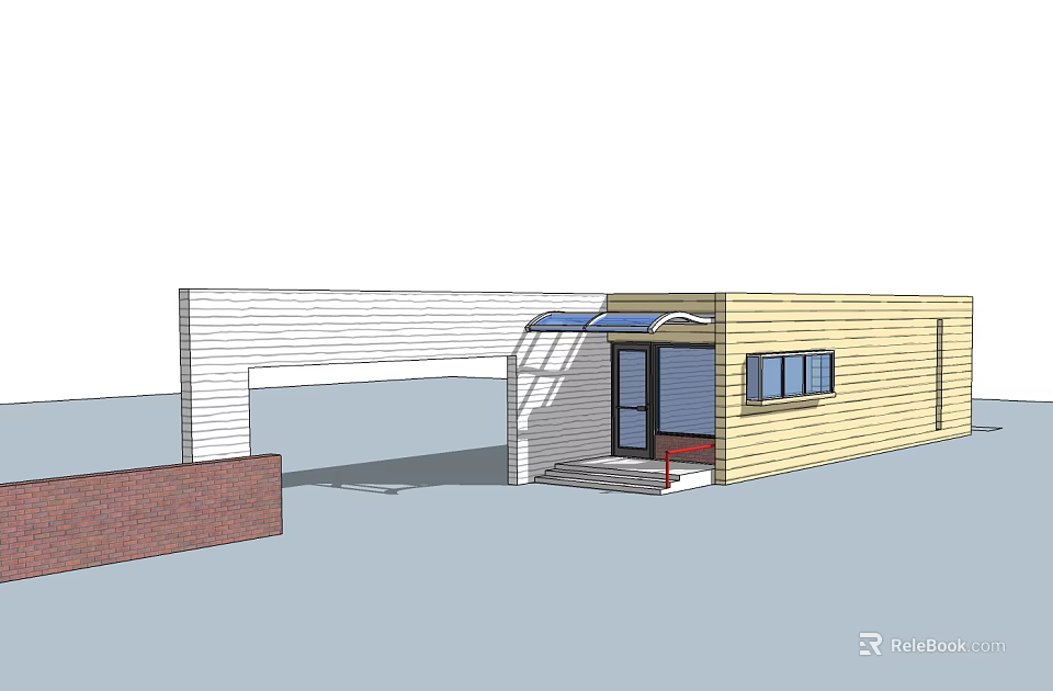 Yellow Building Entrance Door With Glass Panels Windows And Brick Wall Canopy 3d model 