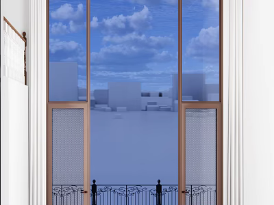 Floor to Ceiling Windows Interior With Urban City Skyline View And Bronze Frame 3d model