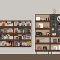Modern Wooden Bookshelves with Books Magazines Decorations Hat Plant Photo Frames and Shoes