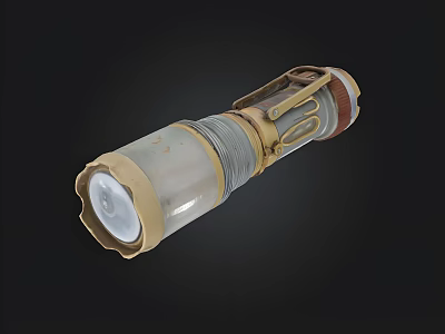 Vintage Brass Metal Flashlight With White Bulb And Strap Design 3d model