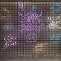 Colorful Decorative Lights on Grid Panel with Brick Wall Cactus and Silhouette