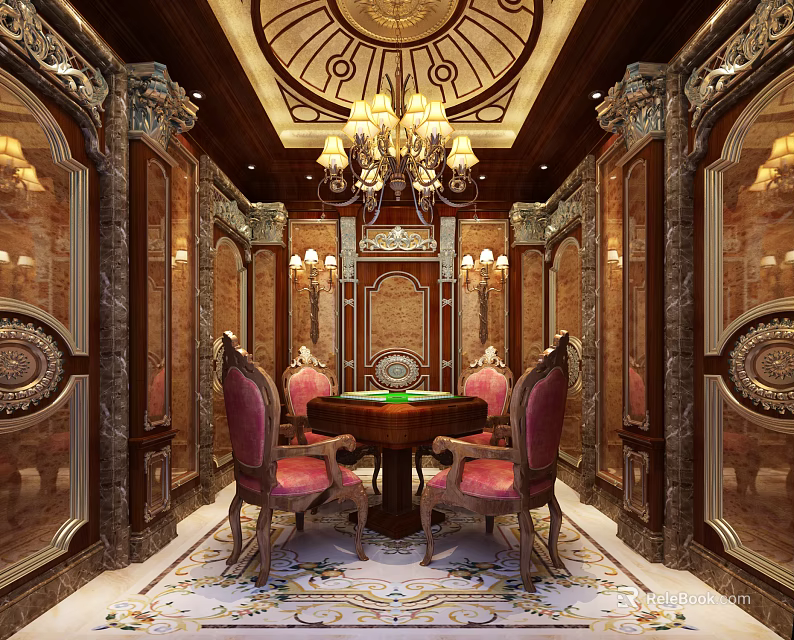 Elegant Hotel Mahjong Room With Wooden Decor Chandelier Red Chairs And Round Table 3d model 