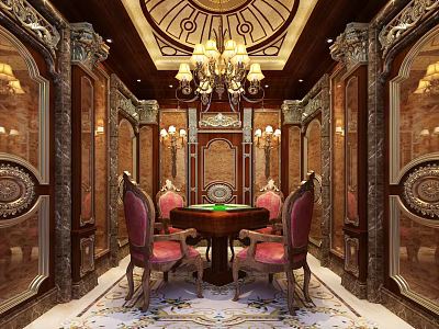 Elegant Hotel Mahjong Room With Wooden Decor Chandelier Red Chairs And Round Table 3d model
