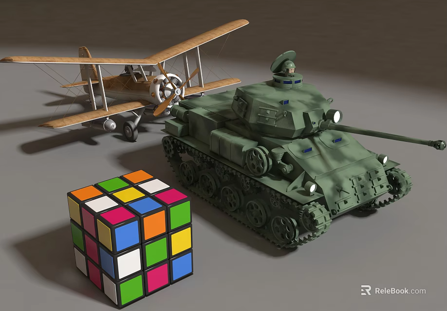 Miniature Decorative Ornament Set With Biplane Tank Model And Rubik's Cube 3d model 