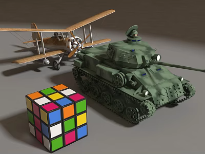 Miniature Decorative Ornament Set With Biplane Tank Model And Rubik's Cube 3d model