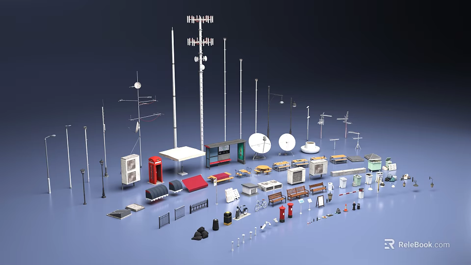 Various Public Facilities For Urban Street With Street Lights Signage Trash Bins And Bus Stops 3d model 