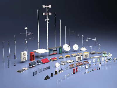 Various Public Facilities For Urban Street With Street Lights Signage Trash Bins And Bus Stops 3d model
