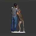 Man With Large Dog Standing And Hugging Its Front Legs On White Platform Gray Background