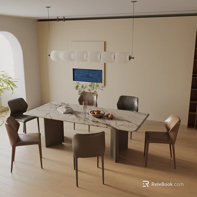 Modern Minimalist Dining Table Set with Marble Top Six Leather Chairs and White Pendant Lights 3d model 