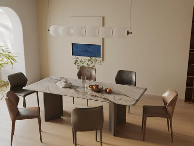 Modern Minimalist Dining Table Set with Marble Top Six Leather Chairs and White Pendant Lights 3d model