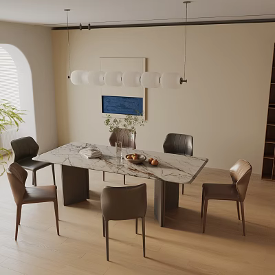 Modern Minimalist Dining Table Set with Marble Top Six Leather Chairs and White Pendant Lights 3d model