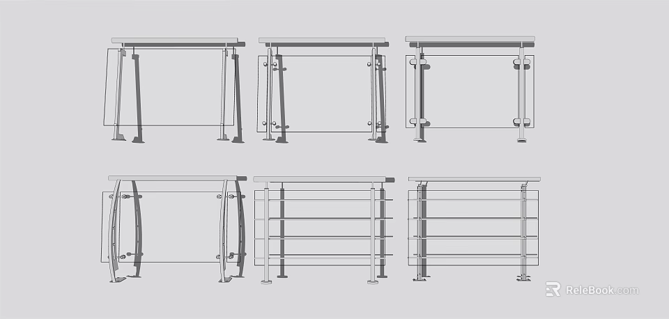 Various Modern Railing Design Styles With Metal Frames And Glass Panels 3d model