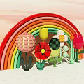 Vibrant Rainbow Arch with Playful Colorful Decorative Flowers in Pastel Sky