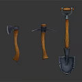 Set of Three Hand Tools with Orange Handles Including Axe Pickaxe and Shovel