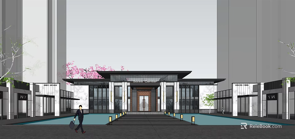 Modern Chinese Style Sales Office Building With Sloped Roof Glass Curtain Walls And Waterfront Landscaping 3d model