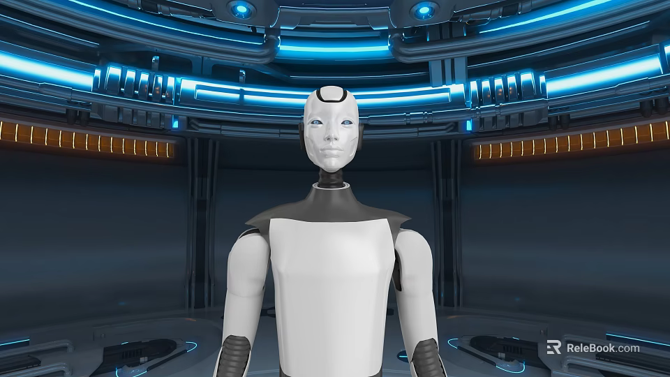Futuristic Interior With Humanoid Robot Blue And White Illuminated Lights Circular Ceiling Structures Control Consoles 3d model 