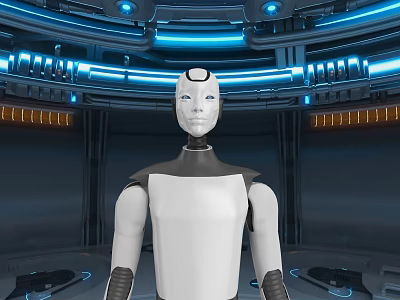 Futuristic Interior With Humanoid Robot Blue And White Illuminated Lights Circular Ceiling Structures Control Consoles 3d model