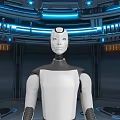 Futuristic Interior With Humanoid Robot Blue And White Illuminated Lights Circular Ceiling Structures Control Consoles