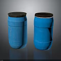 Two Blue Industrial Drums With Brown Lids And Smooth Surface On Dark Background