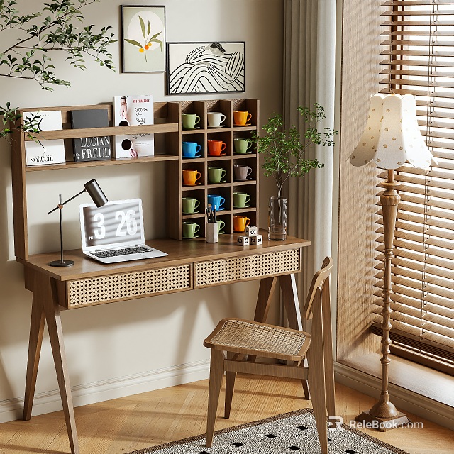 Modern Wooden Desk With Bookshelf Cups Laptop Lamp Plant Chair Blinds And Wall Art 3d model 