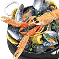 Delicious Seafood Pot with Lobster Mussels Lemon Slices and Fresh Herbs in Cast Iron Pot