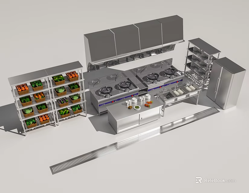 Professional Stainless Steel Kitchen Appliances With Multiple Burners And Storage Shelves 3d model 