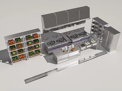 Professional Stainless Steel Kitchen Appliances With Multiple Burners And Storage Shelves 3d model