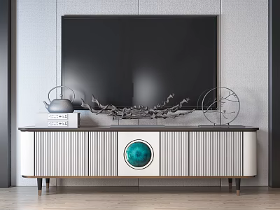 Modern TV Stand With White Wood Design Round Green Accent And Decorative Ornaments 3d model