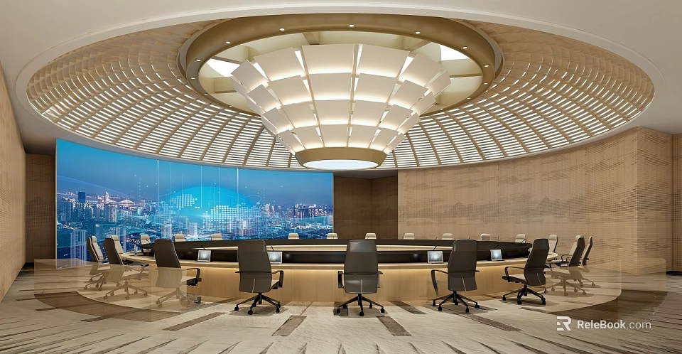 Modern Conference Room Interior With Circular Ceiling Large Table And City View Screen 3d model 