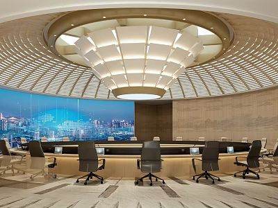 Modern Conference Room Interior With Circular Ceiling Large Table And City View Screen 3d model