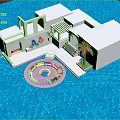 Cartoon Scene White Building With Open Design Staircase Plants Palm Tree Circular Structure Blue Water