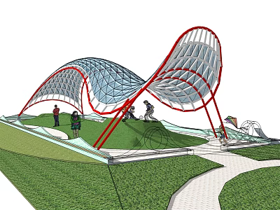 Modern Curved Pergola With Transparent Roof Metal Frame And People In Green Park 3d model